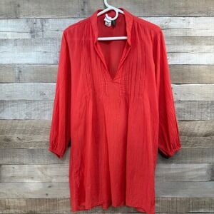 Lauren Ralph Lauren Red Orange Coral Cotton Gauze Pintuck Tunic Coverup M